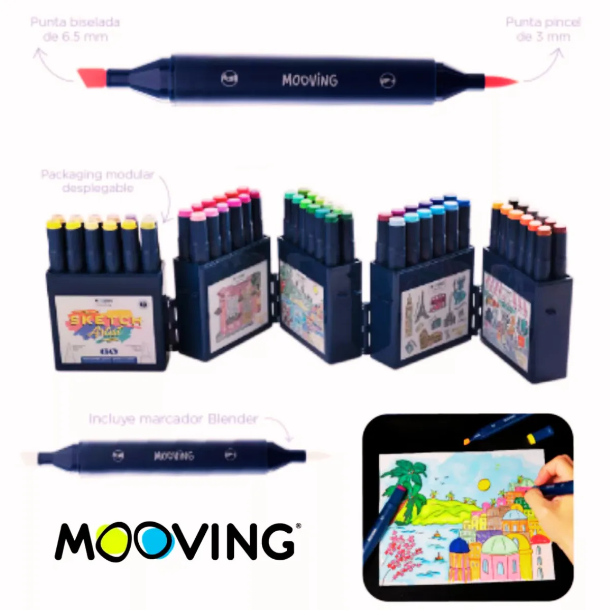 Caja 60 Marcadores Sketch Mooving Doble Punta 3