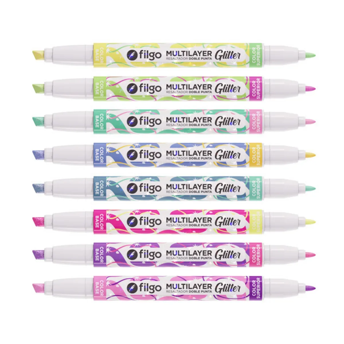 Pack x8 Resaltadores Doble Punta Superposición Glitter - Filgo