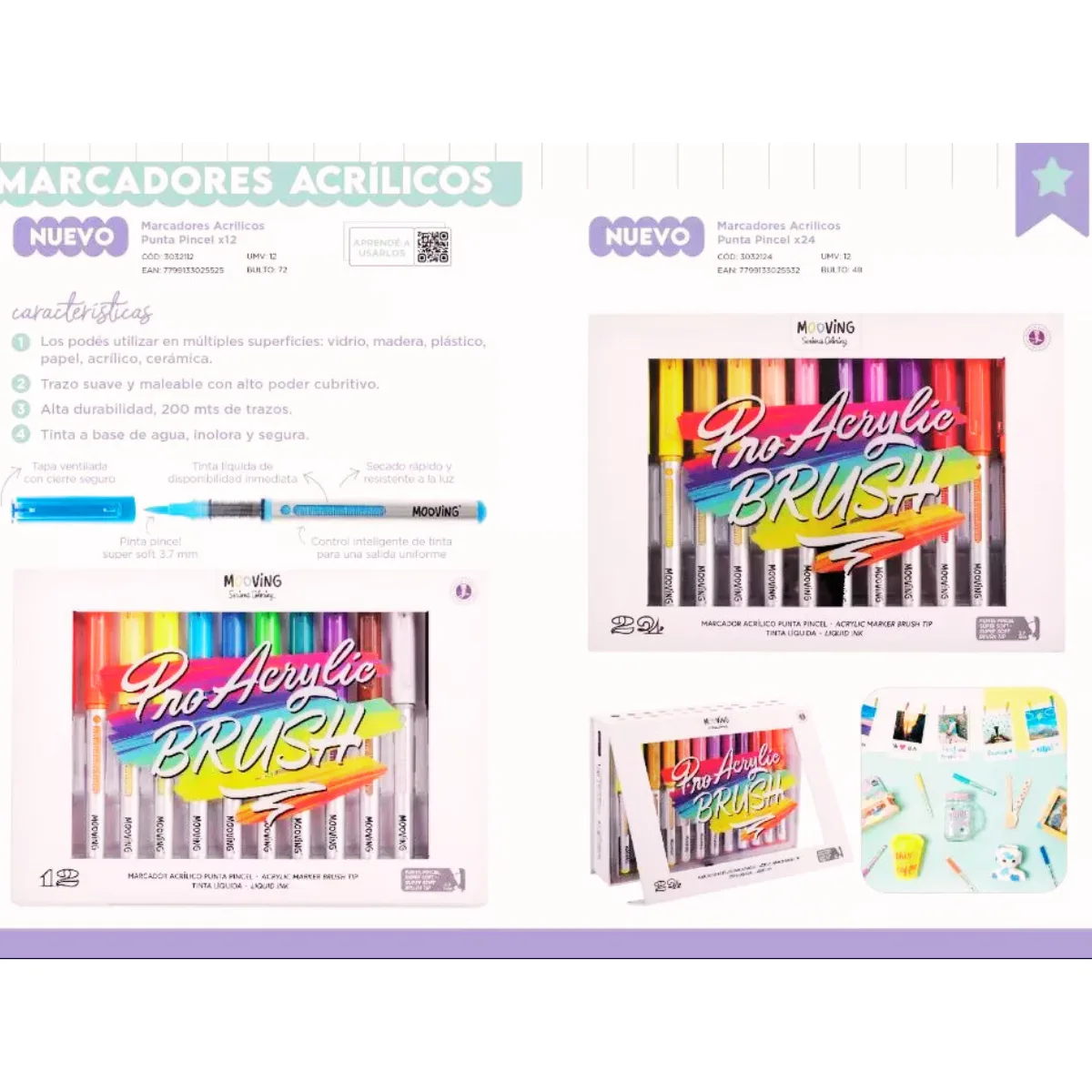 Pack X24 Marcadores Acrilicos Punta Pincel - Mooving 4