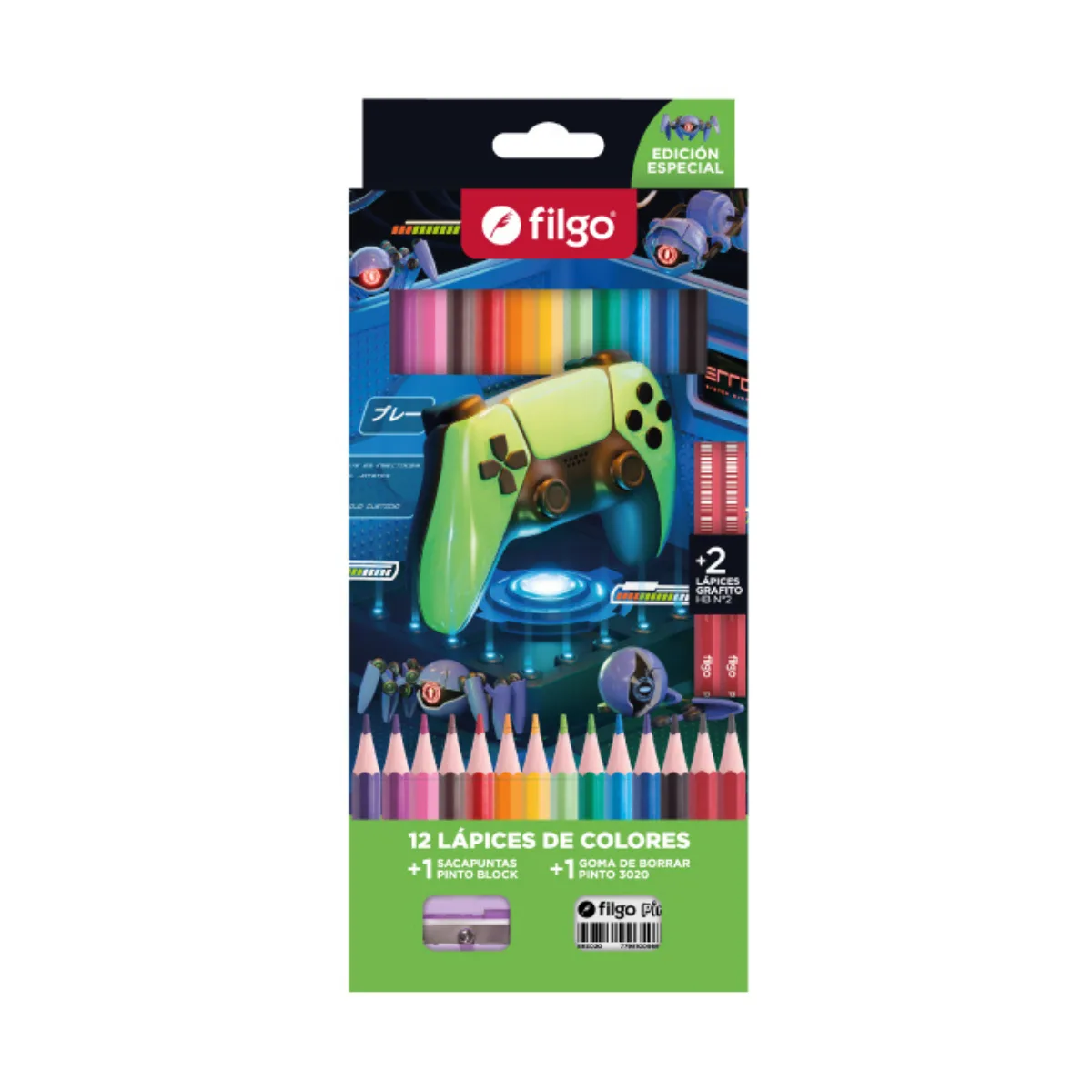 Set x12 Lapices de Colores + 2HB + Goma + Sacapuntas - Gamer